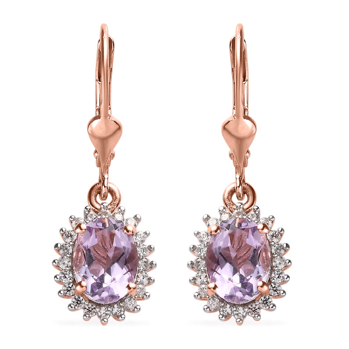 AAA Rose De France Amethyst and White Zircon Lever Back Earrings in Vermeil Rose Gold Over Sterling Silver 2.75 ctw image number 0