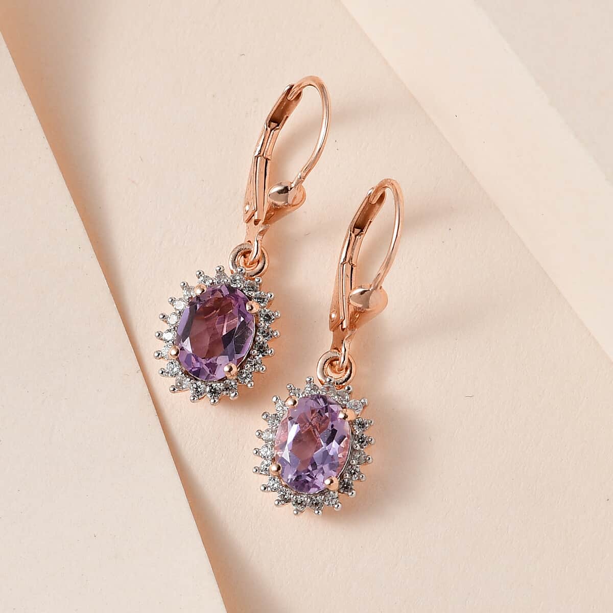 AAA Rose De France Amethyst and White Zircon Lever Back Earrings in Vermeil Rose Gold Over Sterling Silver 2.75 ctw image number 1