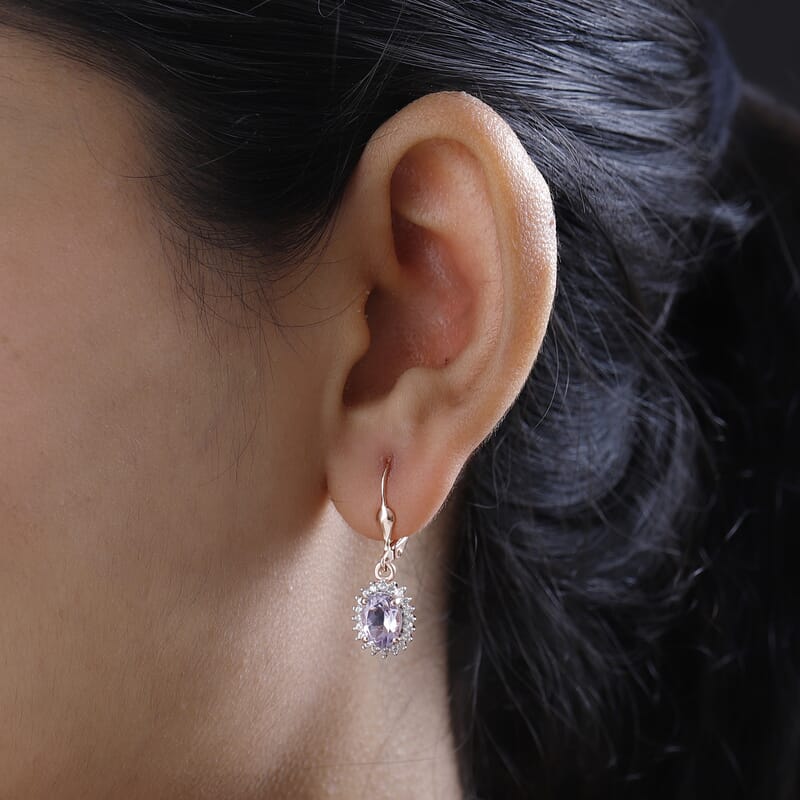 AAA Rose De France Amethyst and White Zircon Lever Back Earrings in Vermeil Rose Gold Over Sterling Silver 2.75 ctw