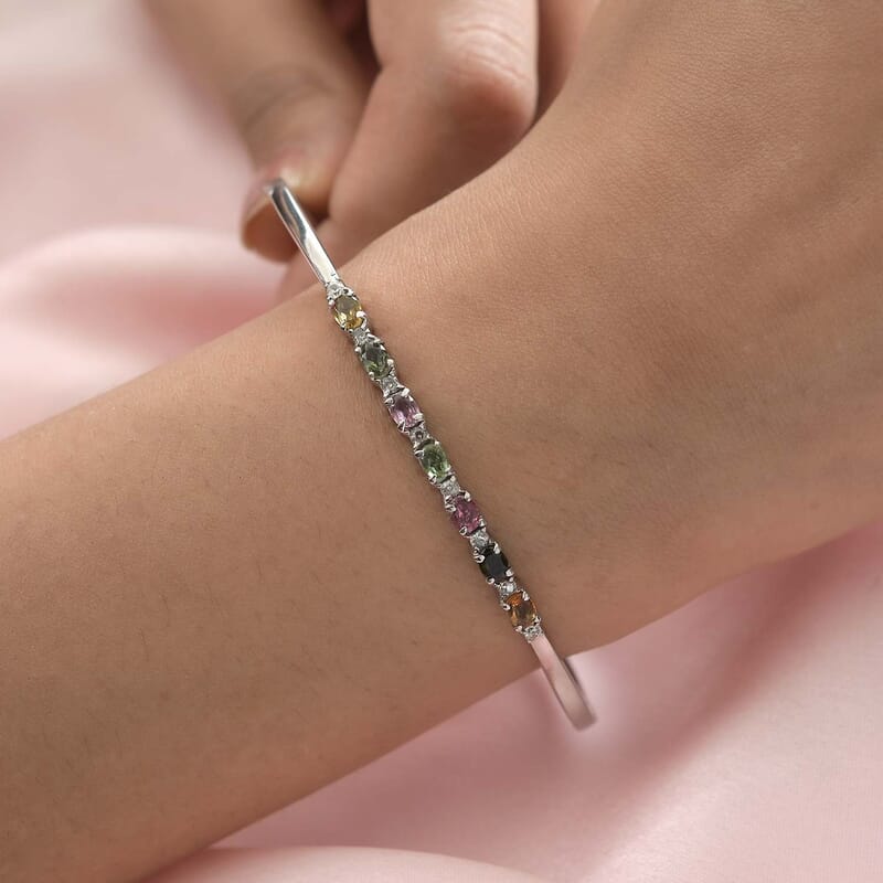 Multi-Tourmaline 1.70 ctw Bangle Bracelet, White Zircon Accent Bracelet in Stainless Steel, Colorful Bracelet For Women (6.50 In)