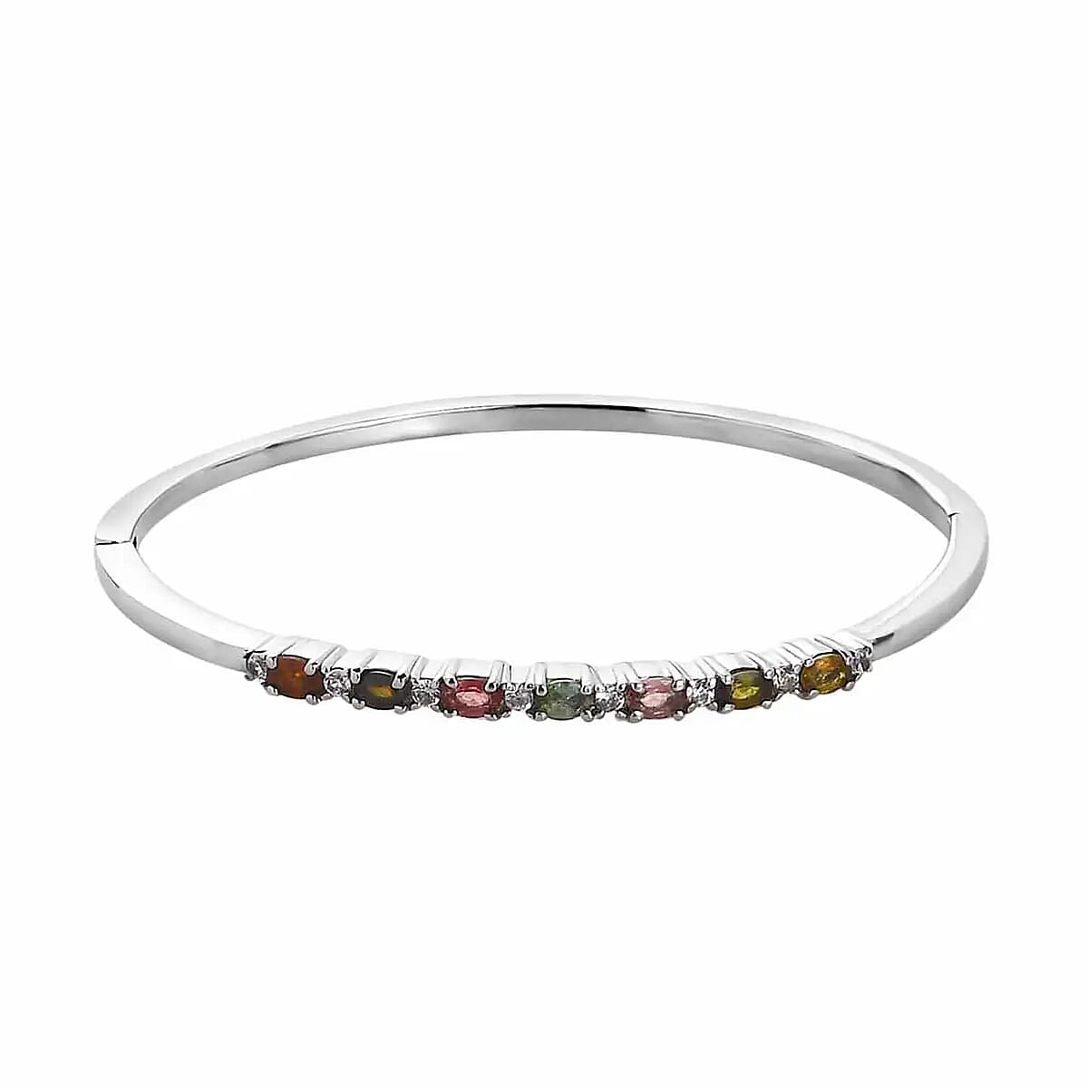 Multi-Tourmaline 1.70 ctw Bangle Bracelet, White Zircon Accent Bracelet in Stainless Steel, Colorful Bracelet For Women (8.00 In) image number 0