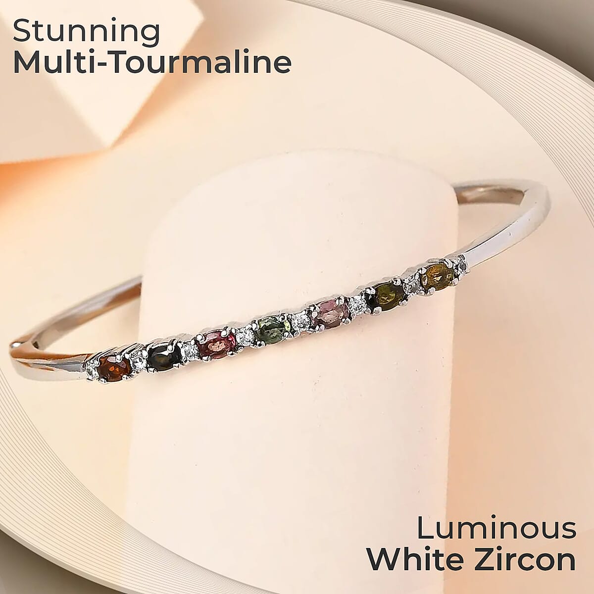 Multi-Tourmaline 1.70 ctw Bangle Bracelet, White Zircon Accent Bracelet in Stainless Steel, Colorful Bracelet For Women (8.00 In) image number 1