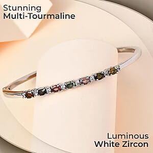 Multi-Tourmaline 1.70 ctw Bangle Bracelet, White Zircon Accent Bracelet in Stainless Steel, Colorful Bracelet For Women (8.00 In)