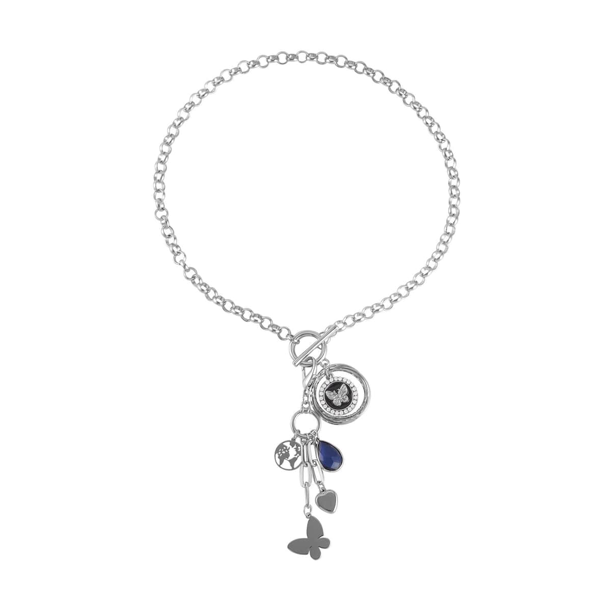 White Austrian Crystal and Blue Chroma Enameled Cable Chain Charm Necklace 19.5 Inches in Silvertone image number 0