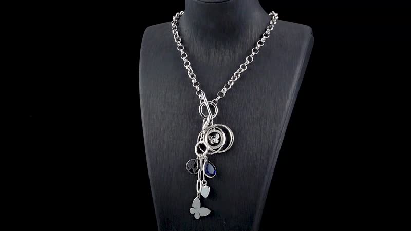 White Austrian Crystal and Blue Chroma Enameled Cable Chain Charm Necklace 19.5 Inches in Silvertone