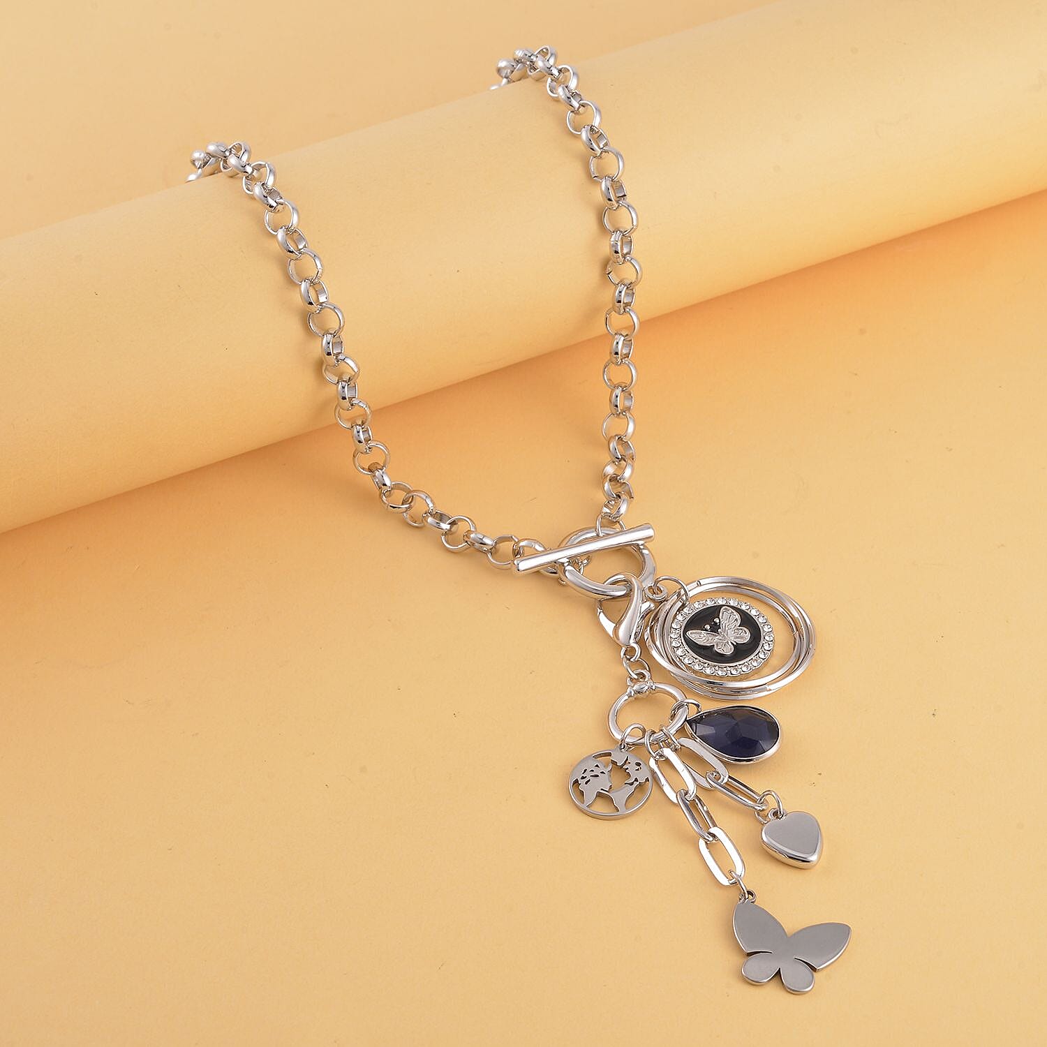 White Austrian Crystal and Blue Chroma Enameled Cable Chain Charm Necklace 19.5 Inches in Silvertone