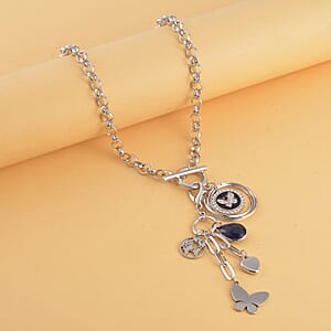 White Austrian Crystal and Blue Chroma Enameled Cable Chain Charm Necklace 19.5 Inches in Silvertone