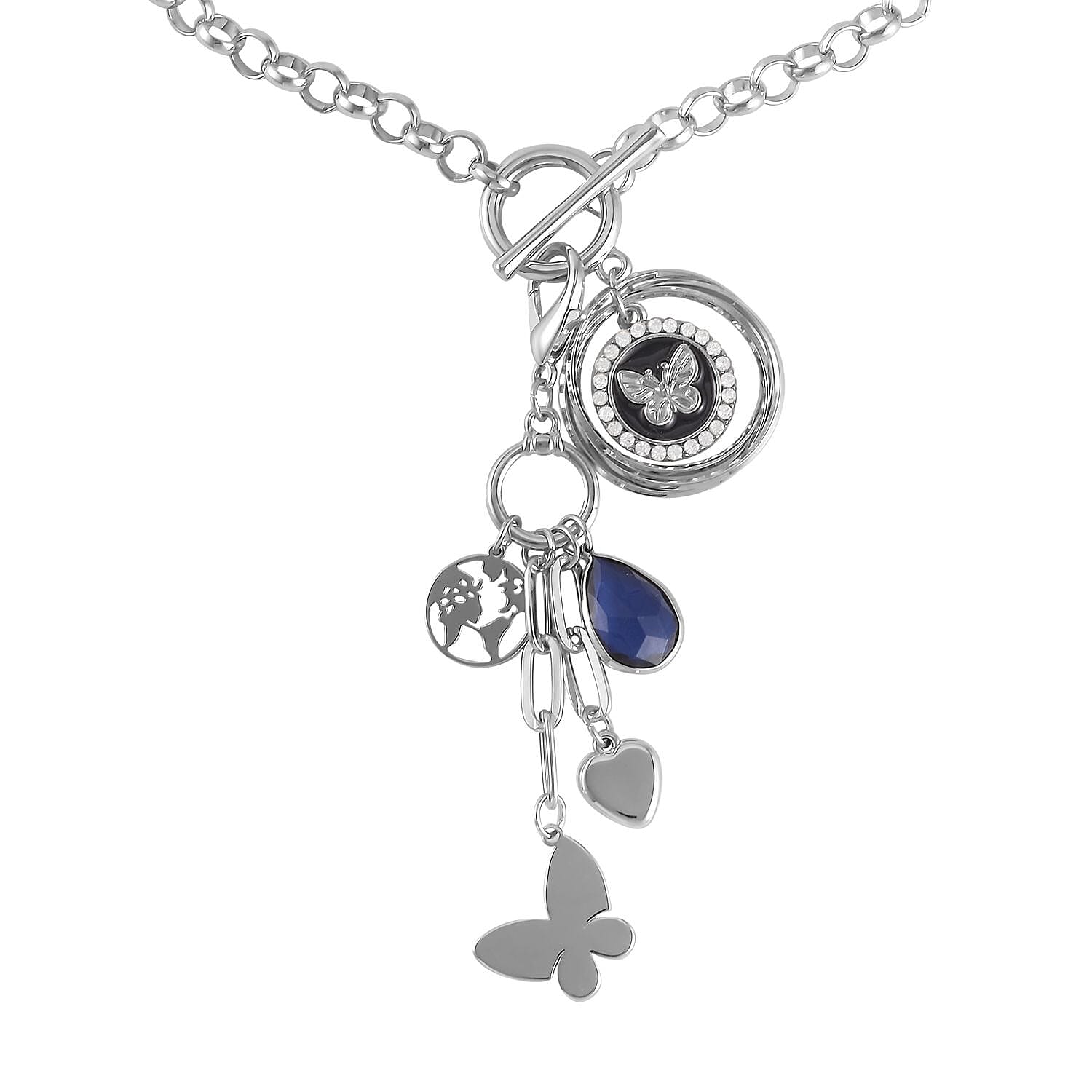 White Austrian Crystal and Blue Chroma Enameled Cable Chain Charm Necklace 19.5 Inches in Silvertone