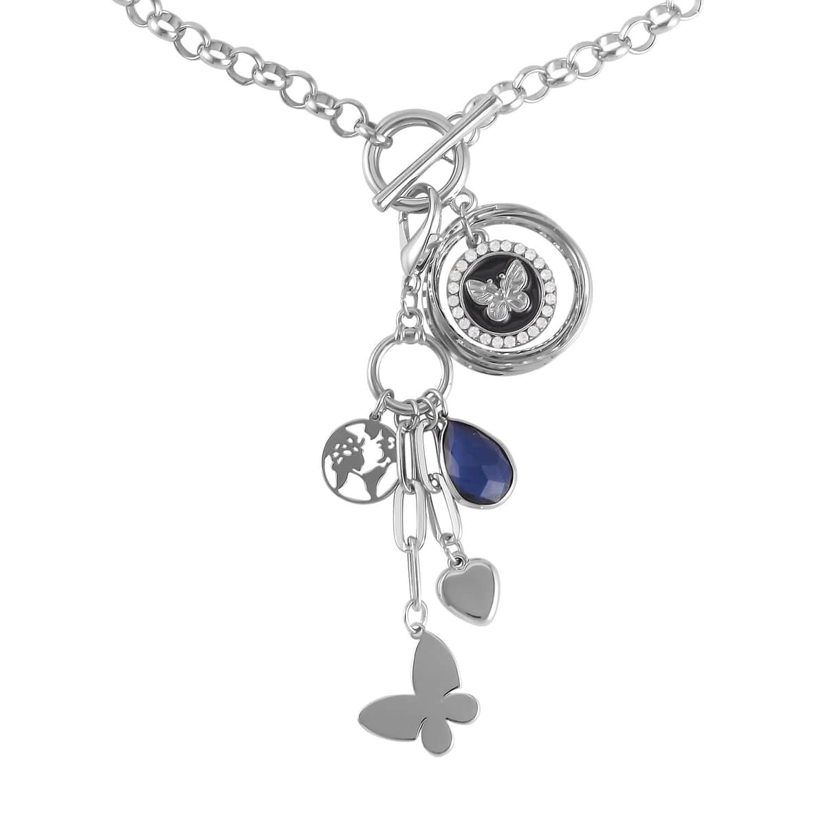 White Austrian Crystal and Blue Chroma Enameled Cable Chain Charm Necklace 19.5 Inches in Silvertone image number 2