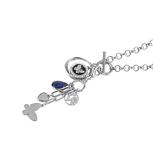 White Austrian Crystal and Blue Chroma Enameled Cable Chain Charm Necklace 19.5 Inches in Silvertone