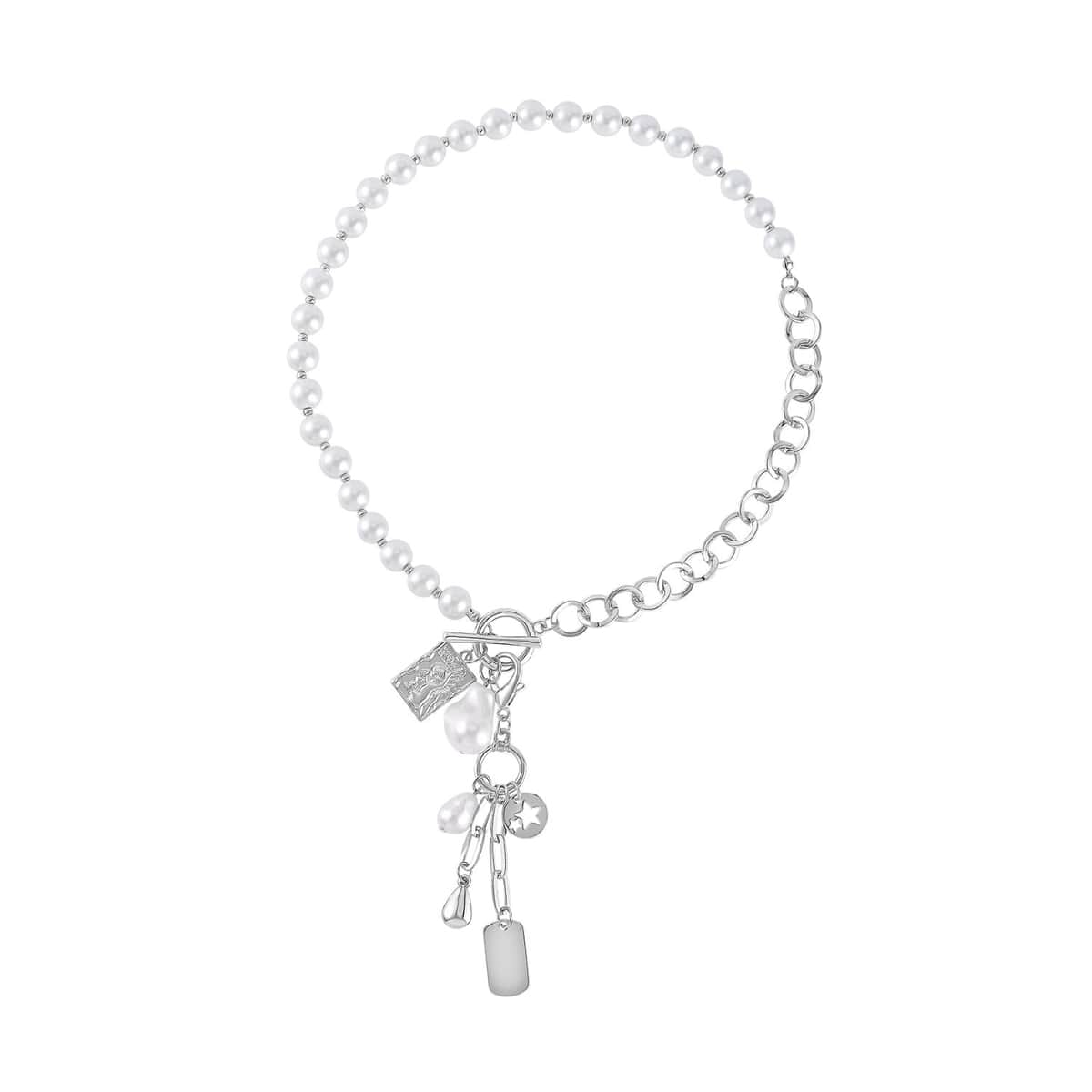 White Glass Pearl, Beads Cable Chain Charm Necklace 19 Inches in Silvertone image number 0