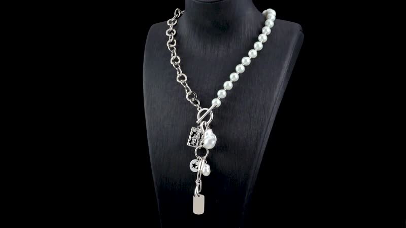 White Glass Pearl, Beads Cable Chain Charm Necklace 19 Inches in Silvertone