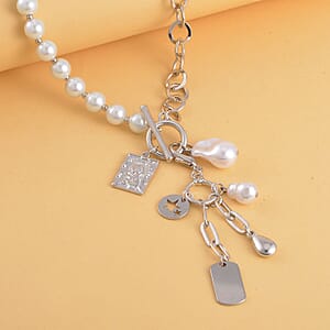 White Glass Pearl, Beads Cable Chain Charm Necklace 19 Inches in Silvertone