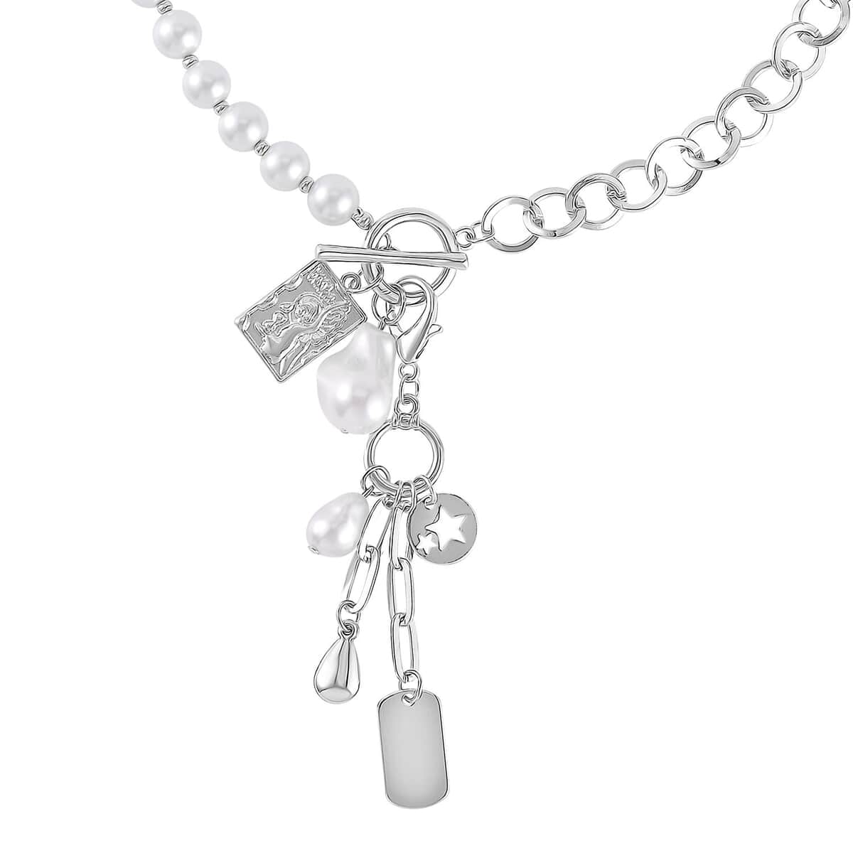 White Glass Pearl, Beads Cable Chain Charm Necklace 19 Inches in Silvertone image number 2