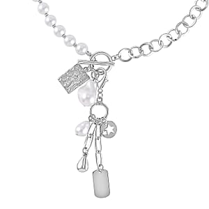 White Glass Pearl, Beads Cable Chain Charm Necklace 19 Inches in Silvertone