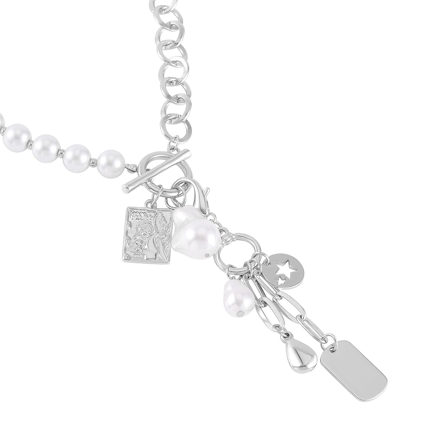 White Glass Pearl, Beads Cable Chain Charm Necklace 19 Inches in Silvertone
