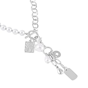 White Glass Pearl, Beads Cable Chain Charm Necklace 19 Inches in Silvertone