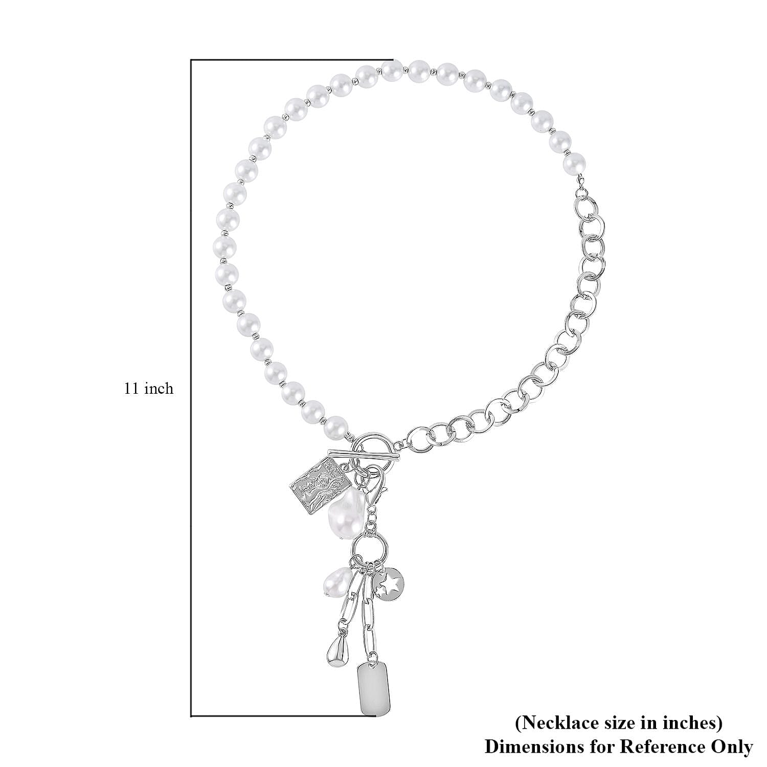 White Glass Pearl, Beads Cable Chain Charm Necklace 19 Inches in Silvertone