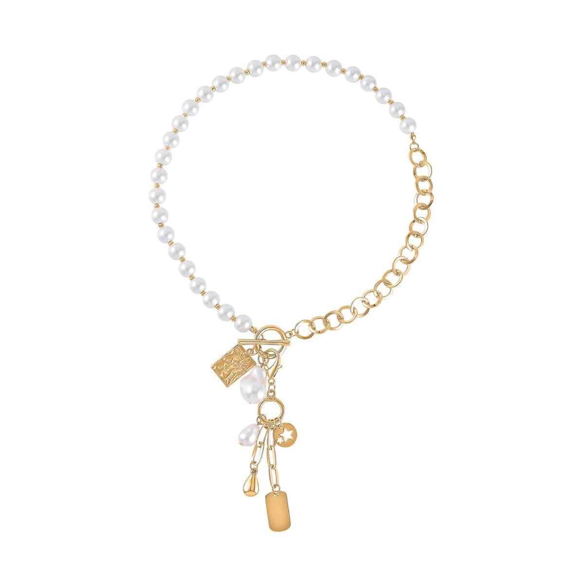 White Glass Pearl, Beads Cable Chain Charm Necklace 19 Inches in Goldtone image number 0