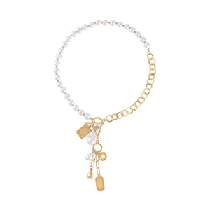 White Glass Pearl, Beads Cable Chain Charm Necklace 19 Inches in Goldtone