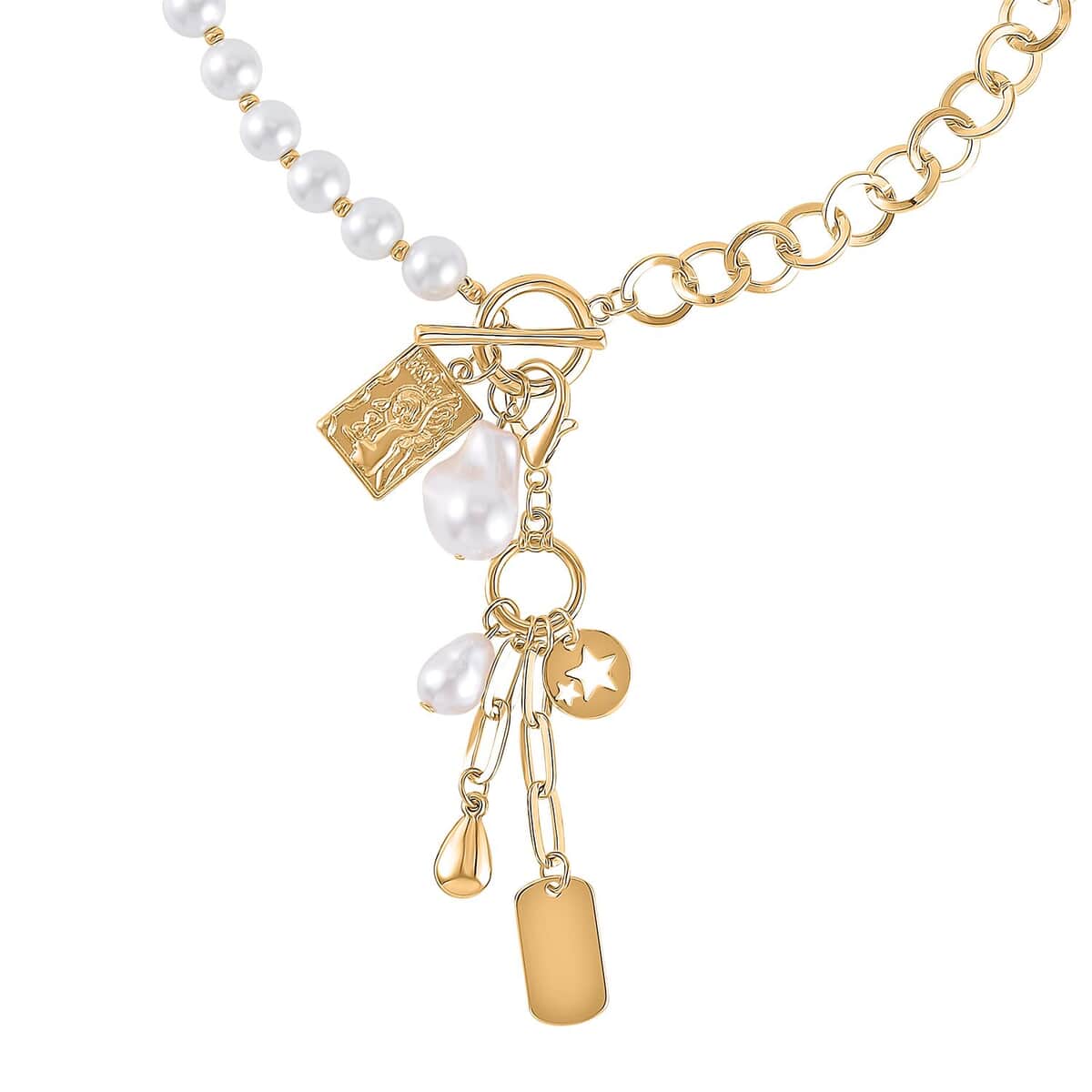 White Glass Pearl, Beads Cable Chain Charm Necklace 19 Inches in Goldtone image number 2