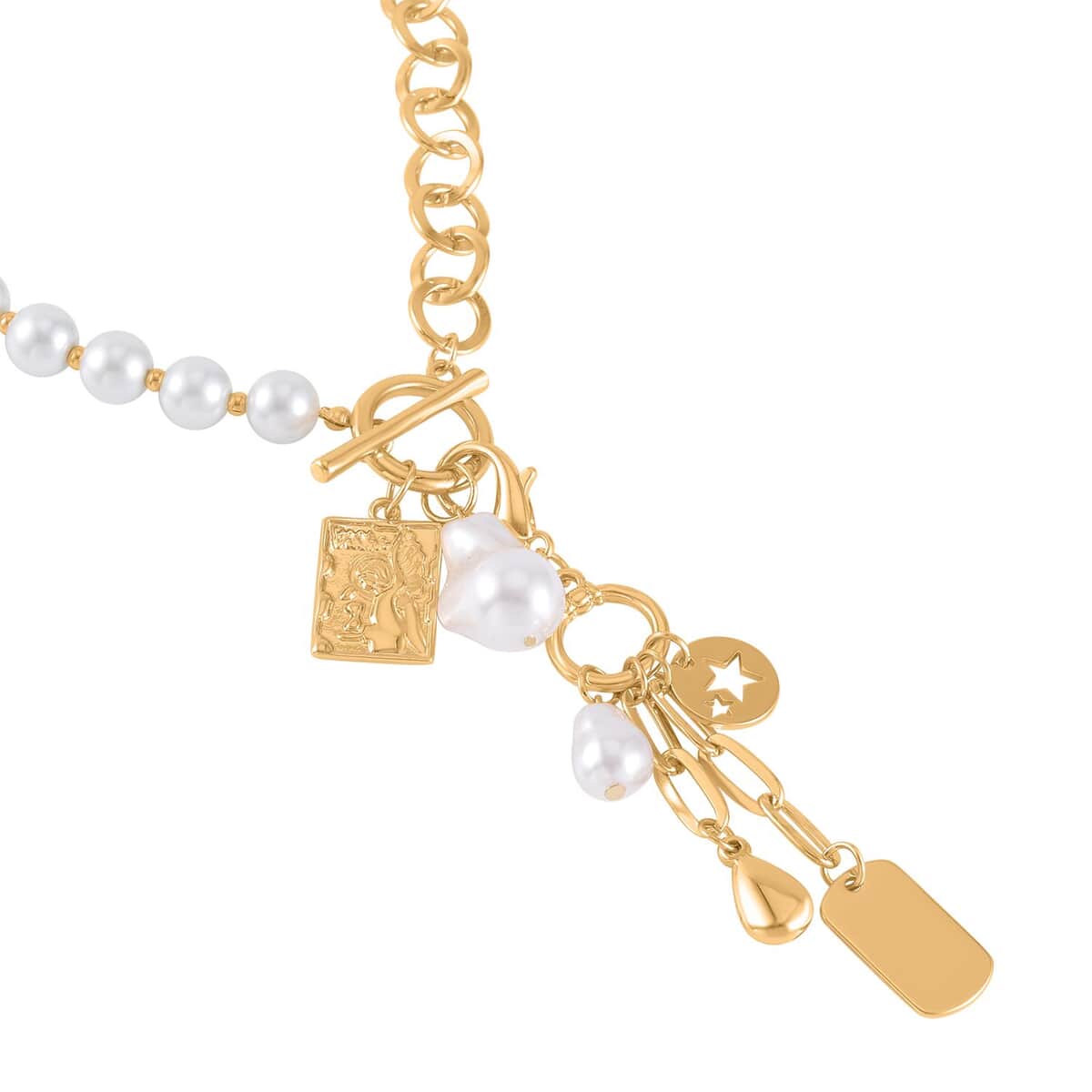 White Glass Pearl, Beads Cable Chain Charm Necklace 19 Inches in Goldtone image number 3