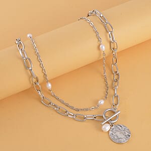 Freshwater Pearl Set of 2 Station and Paper Clip Chain Necklace Inches in Silvertone 20 & 22