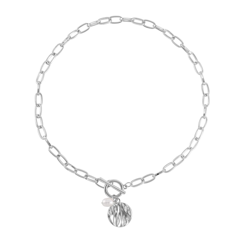 Freshwater Pearl Set of 2 Station and Paper Clip Chain Necklace Inches in Silvertone 20 & 22