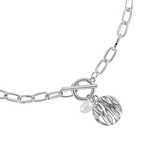 Freshwater Pearl Set of 2 Station and Paper Clip Chain Necklace Inches in Silvertone 20 & 22