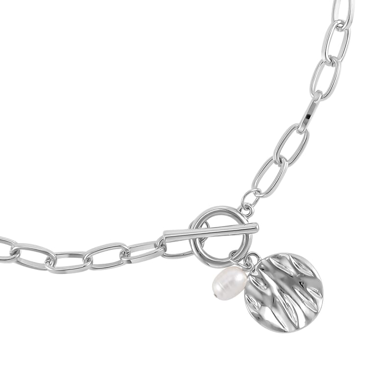 Freshwater Pearl Set of 2 Station and Paper Clip Chain Necklace Inches in Silvertone 20 & 22