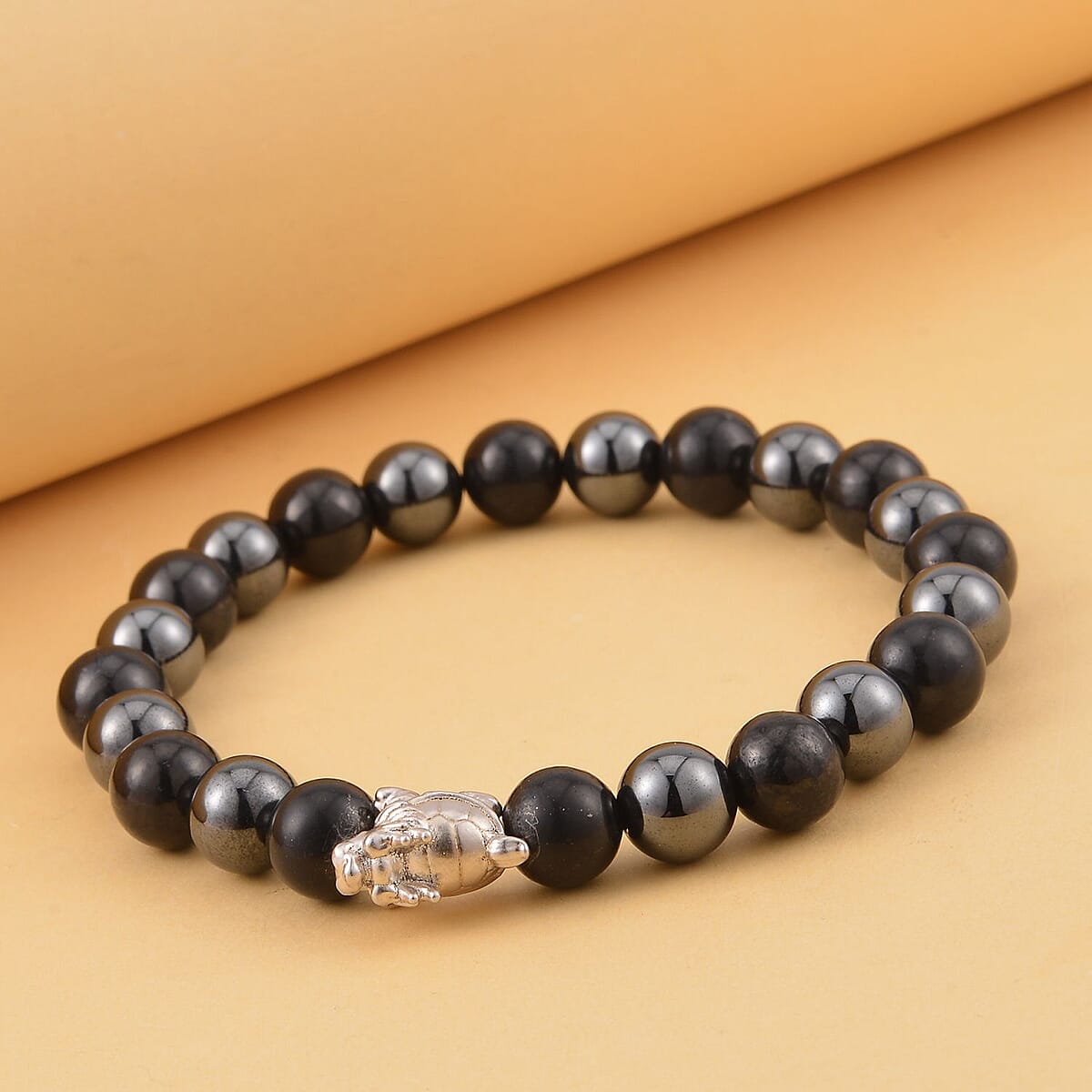Shungite and Magnetic Hematite Beaded Dragon Turtle Charm Stretch Bracelet in Rhodium Over Sterling Silver 123.10 ctw image number 1
