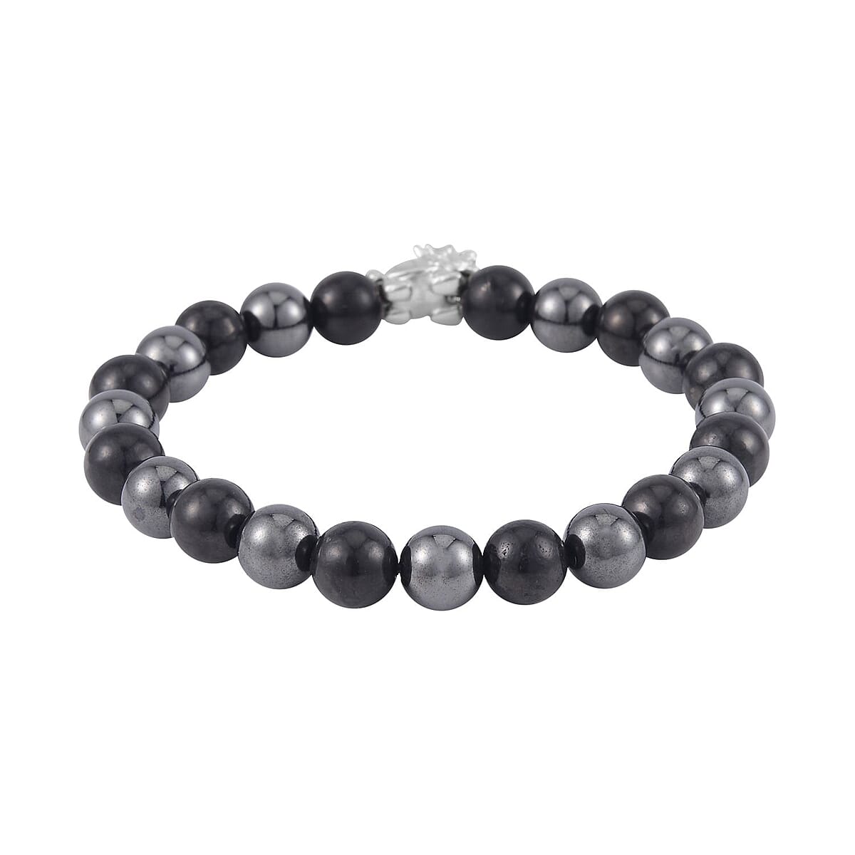 Shungite and Magnetic Hematite Beaded Dragon Turtle Charm Stretch Bracelet in Rhodium Over Sterling Silver 123.10 ctw image number 2