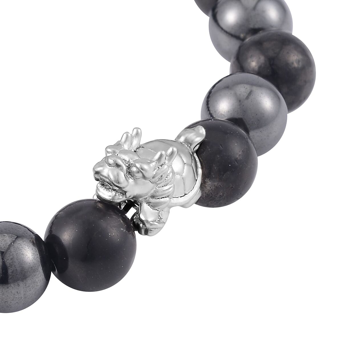 Shungite and Magnetic Hematite Beaded Dragon Turtle Charm Stretch Bracelet in Rhodium Over Sterling Silver 123.10 ctw image number 3