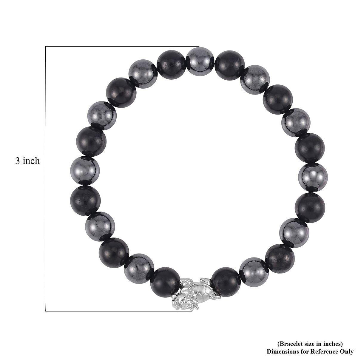 Shungite and Magnetic Hematite Beaded Dragon Turtle Charm Stretch Bracelet in Rhodium Over Sterling Silver 123.10 ctw image number 4