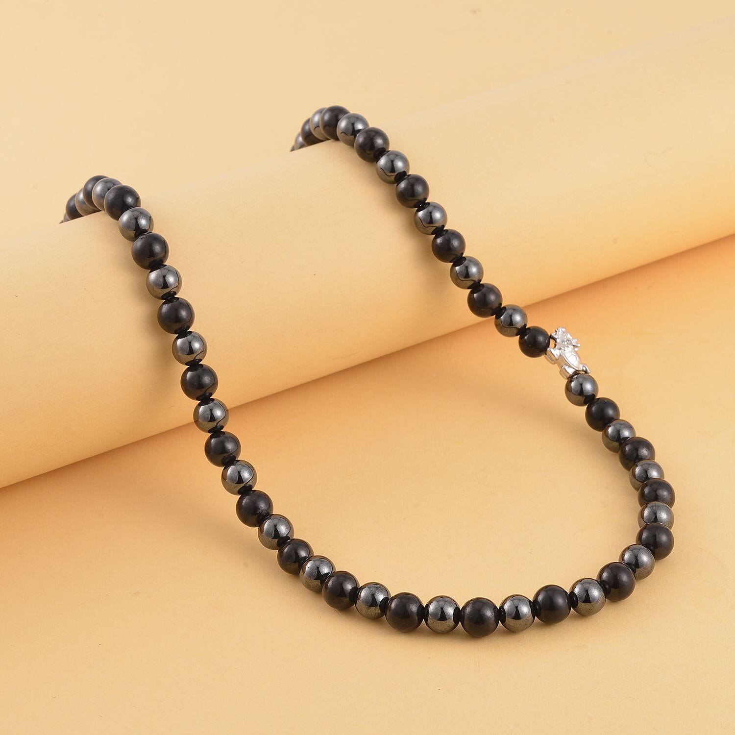 Shungite and Hematite Beaded Dragon Turtle Charm Necklace 20 Inches in Rhodium Over Sterling Silver 337.20 ctw