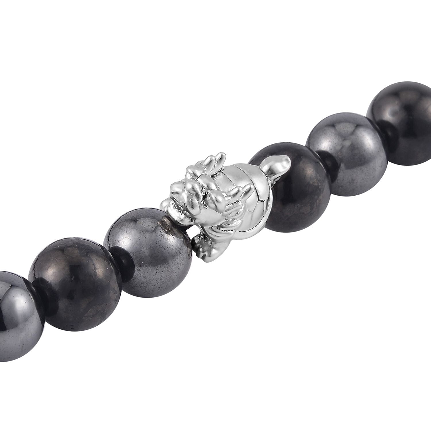 Shungite and Hematite Beaded Dragon Turtle Charm Necklace 20 Inches in Rhodium Over Sterling Silver 337.20 ctw