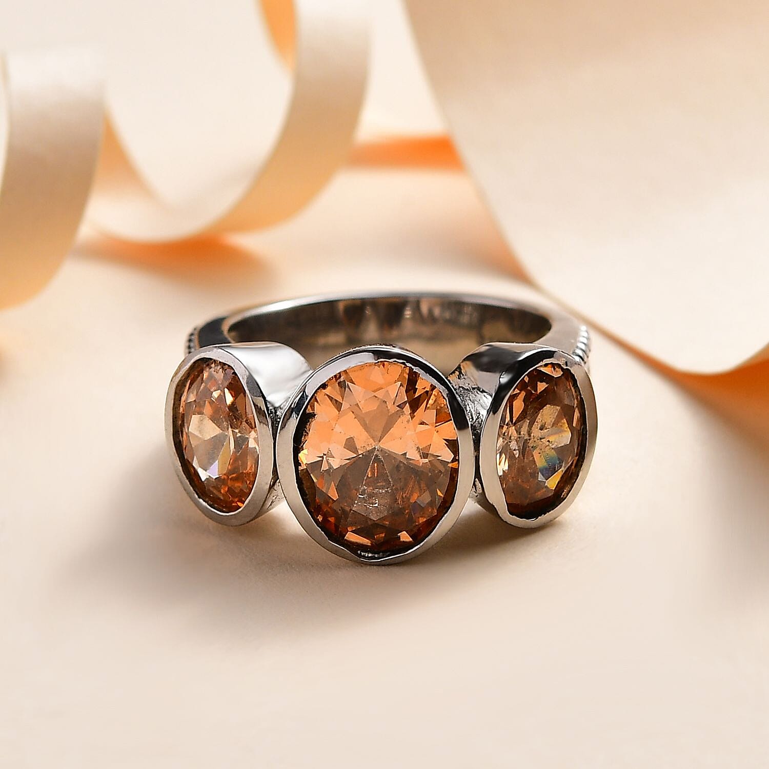Simulated Champagne Diamond 3 Stone Ring in Stainless Steel (Size 8.0)