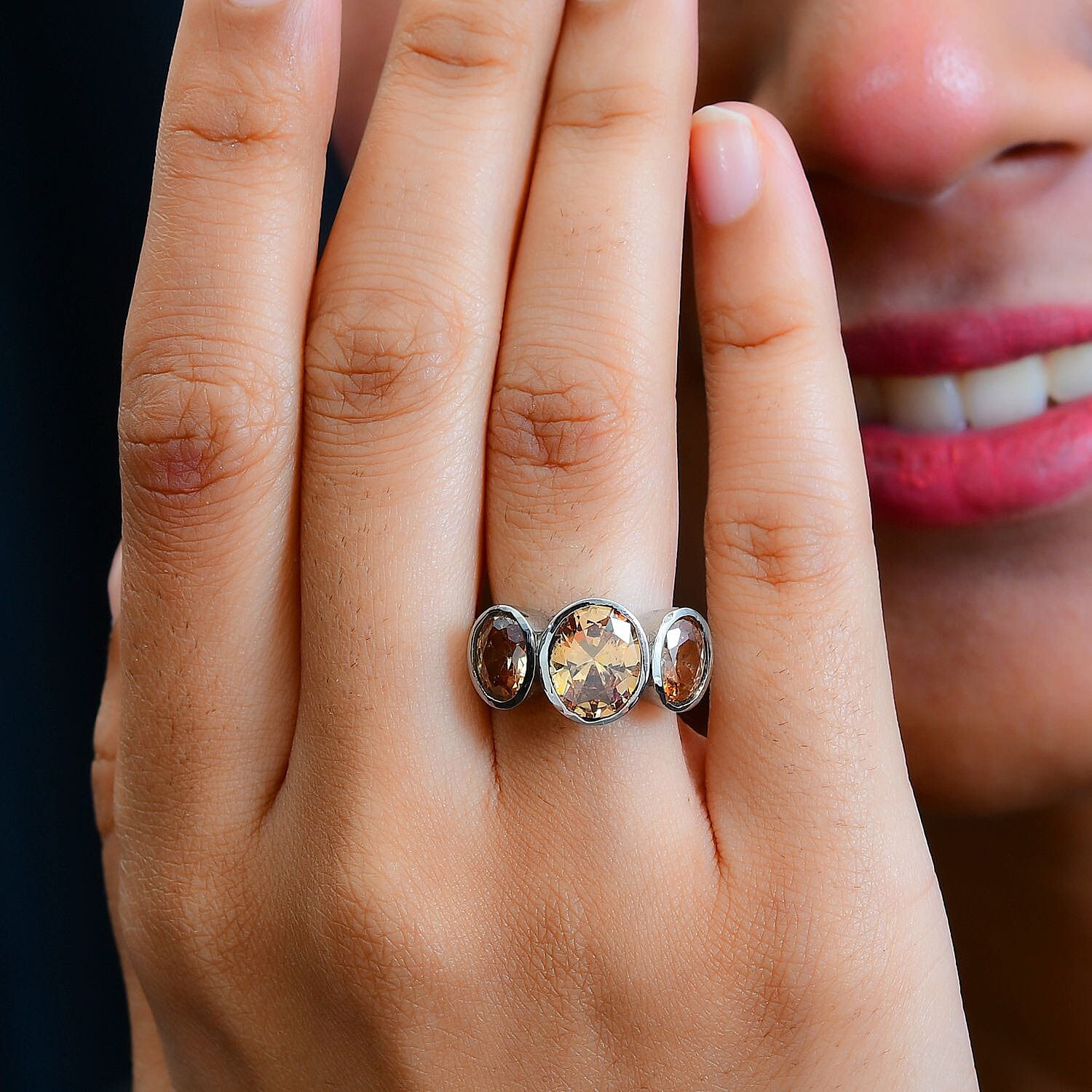 Simulated Champagne Diamond 3 Stone Ring in Stainless Steel (Size 8.0)