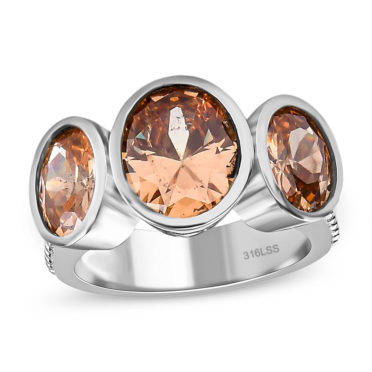 Simulated Champagne Diamond 3 Stone Ring in Stainless Steel (Size 8.0)
