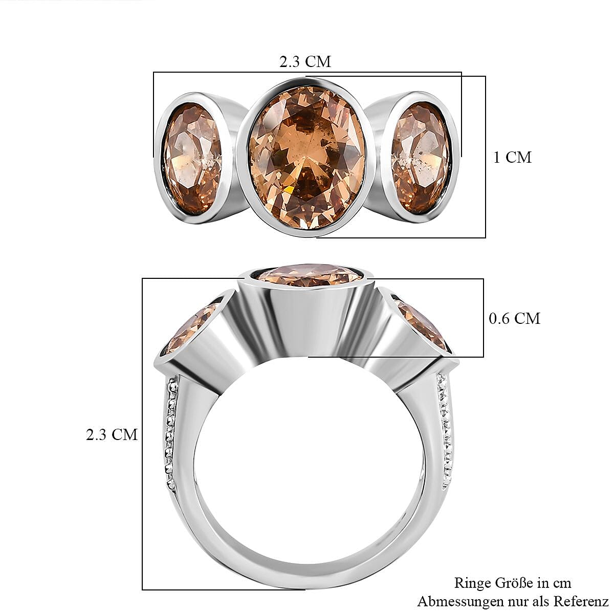 Simulated Champagne Diamond 3 Stone Ring in Stainless Steel (Size 8.0)
