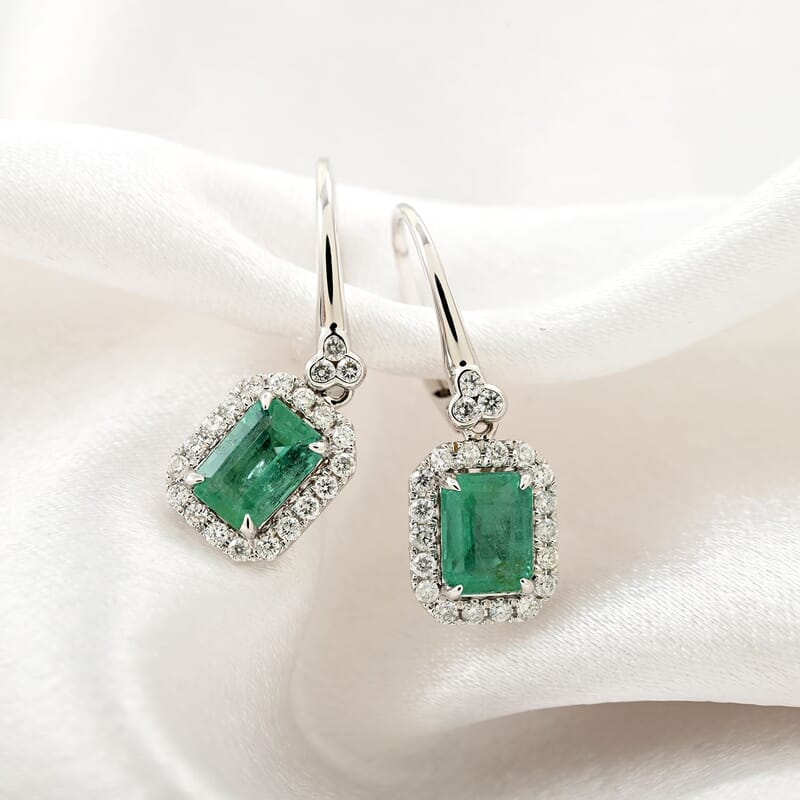 14K White Gold Emerald and G-H I2 Diamond Lever Back Earrings 2.10 ctw