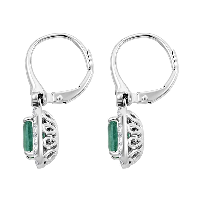 14K White Gold Emerald and G-H I2 Diamond Lever Back Earrings 2.10 ctw