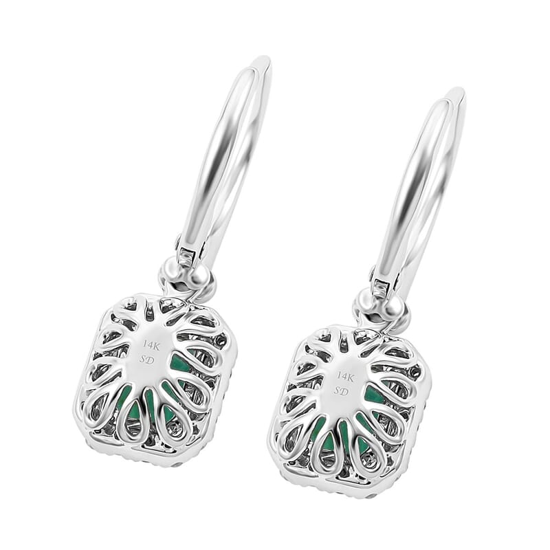 14K White Gold Emerald and G-H I2 Diamond Lever Back Earrings 2.10 ctw