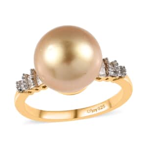 South Sea Golden Pearl and Diamond Ring in Vermeil Yellow Gold Over Sterling Silver 0.10 ctw