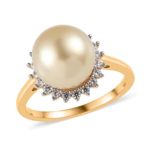 South Sea Golden Pearl and White Zircon Sunburst Ring in Vermeil Yellow Gold Over Sterling Silver 0.40 ctw