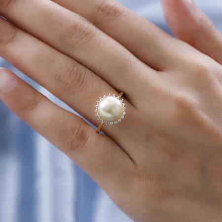 Buy South Sea Golden Pearl and White Zircon Sunburst Ring in Vermeil Yellow  Gold Over Sterling Silver (Size 10.0) 0.40 ctw at