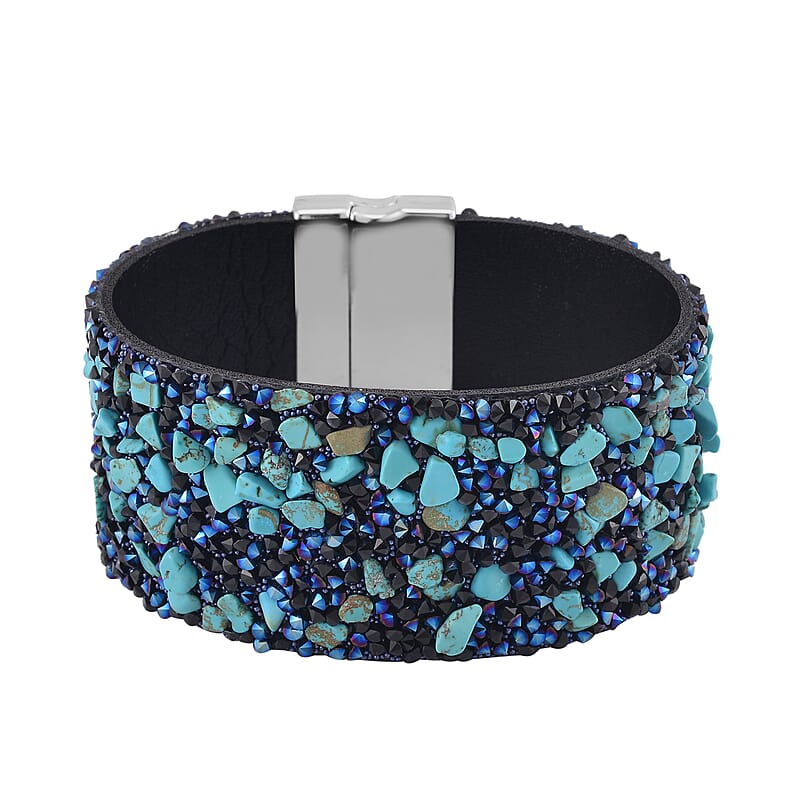 Blue Howlite and Austrian Blue Crystal Bracelet in Silvertone (7.50 In)