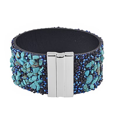 Blue Howlite and Austrian Blue Crystal Bracelet in Silvertone (7.50 In)