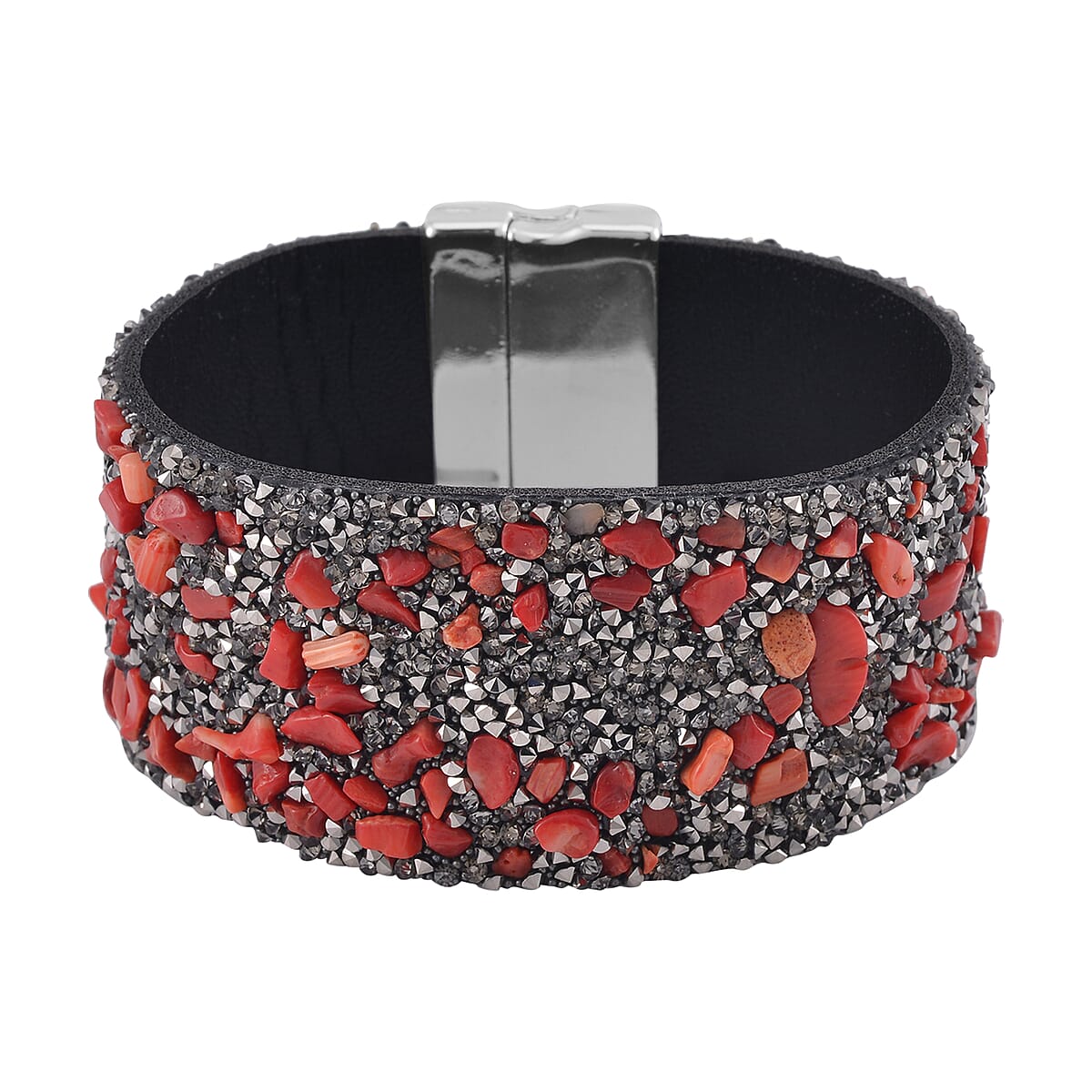Red Shell Pearl and Gray Austrian Crystal Bracelet in Silvertone (7.50 In) image number 0