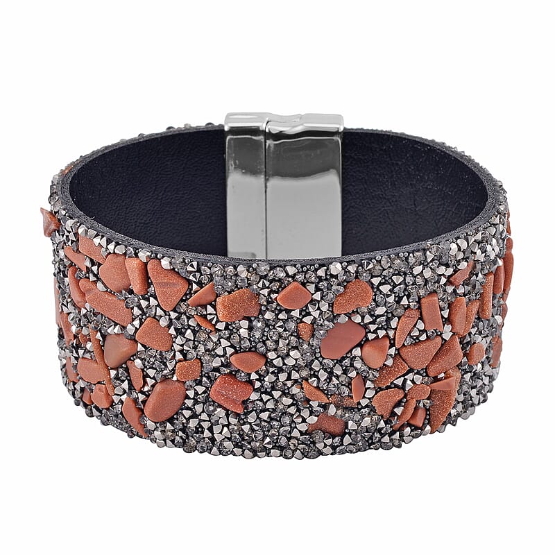 Gold Sandstone and Gray Austrian Crystal Bracelet in Silvertone (7.50 In)